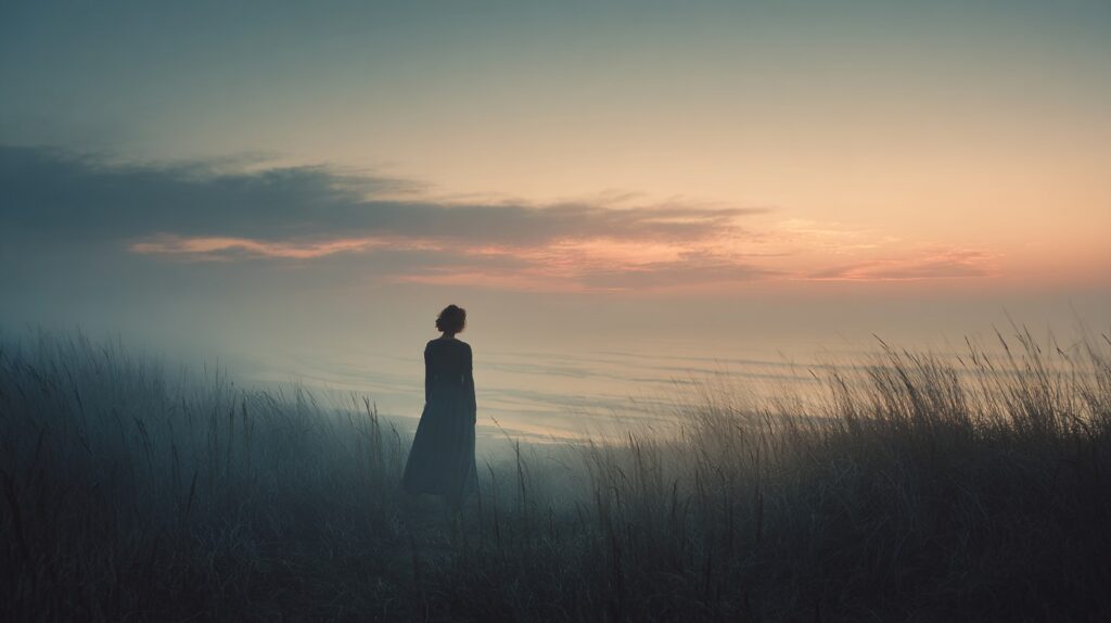 Woman standing in tall grass at sunrise, symbolizing daring to imagine and awakening to new possibilities