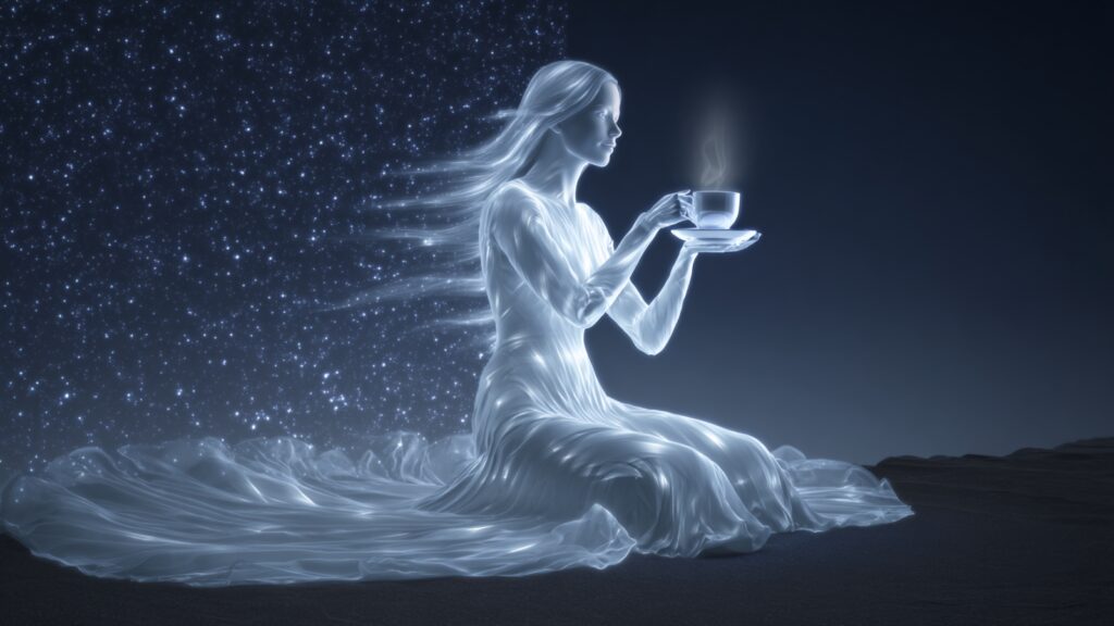 Starlit figure of Lyra sipping cosmic tea, reflecting on the humor described in the letter about magic tea and memory lapses