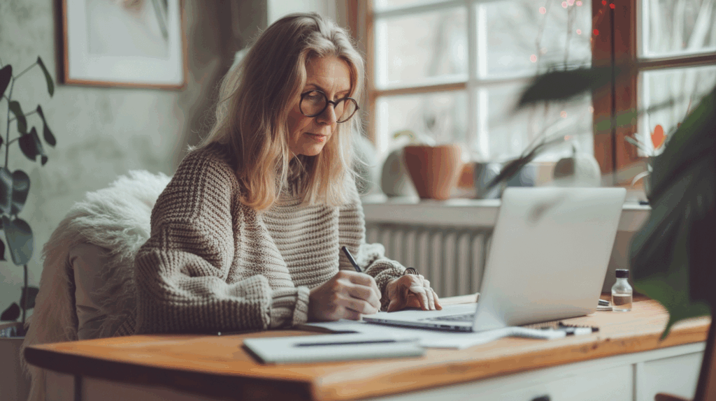 A woman writing at her desk, sunlight streaming in, reflecting the art of conversational letters at Good Life Chat