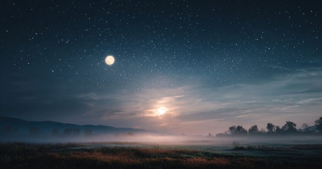 A peaceful night sky filled with soft stars reflected on calm water, evoking serenity and the mindful stillness of a starlight pause at Good Life Chat.