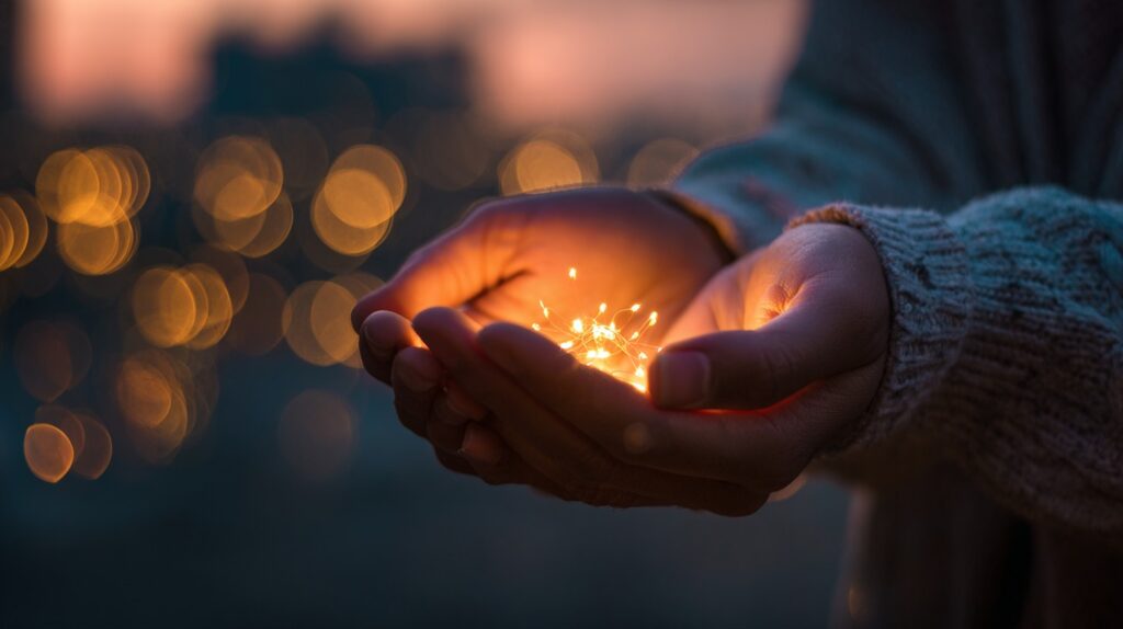 Hands gently cupping small glowing lights at dusk, symbolizing nurturing dreams and tending the spark within