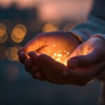 Hands gently cupping small glowing lights at dusk, symbolizing nurturing dreams and tending the spark within