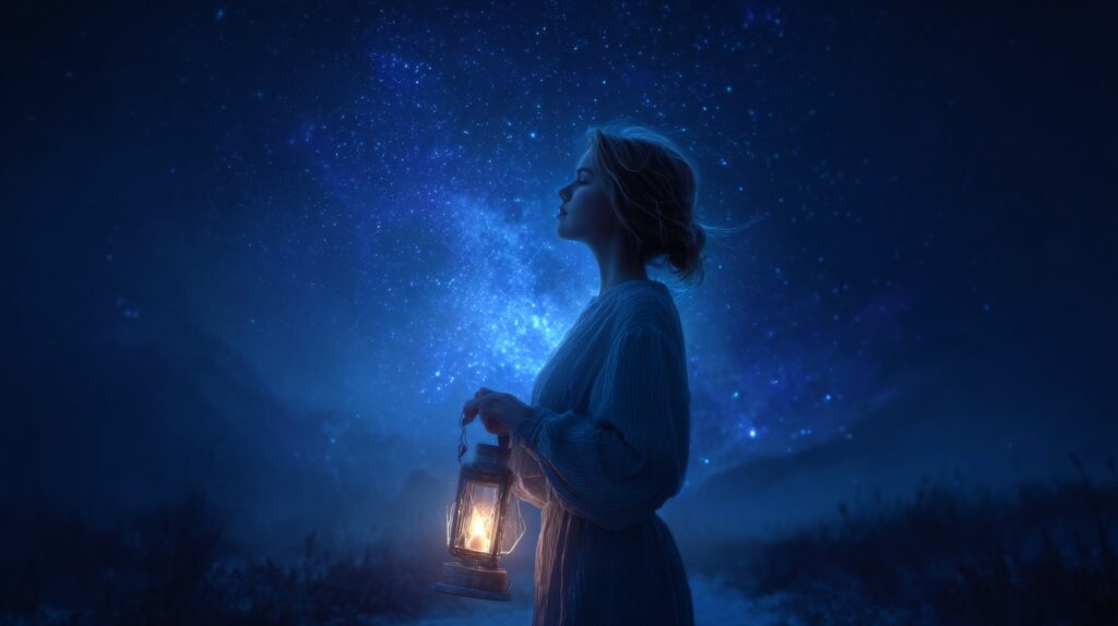 Woman holding a lantern under a starry night sky, symbolizing courage and new beginnings