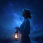 Woman holding a lantern under a starry night sky, symbolizing courage and new beginnings