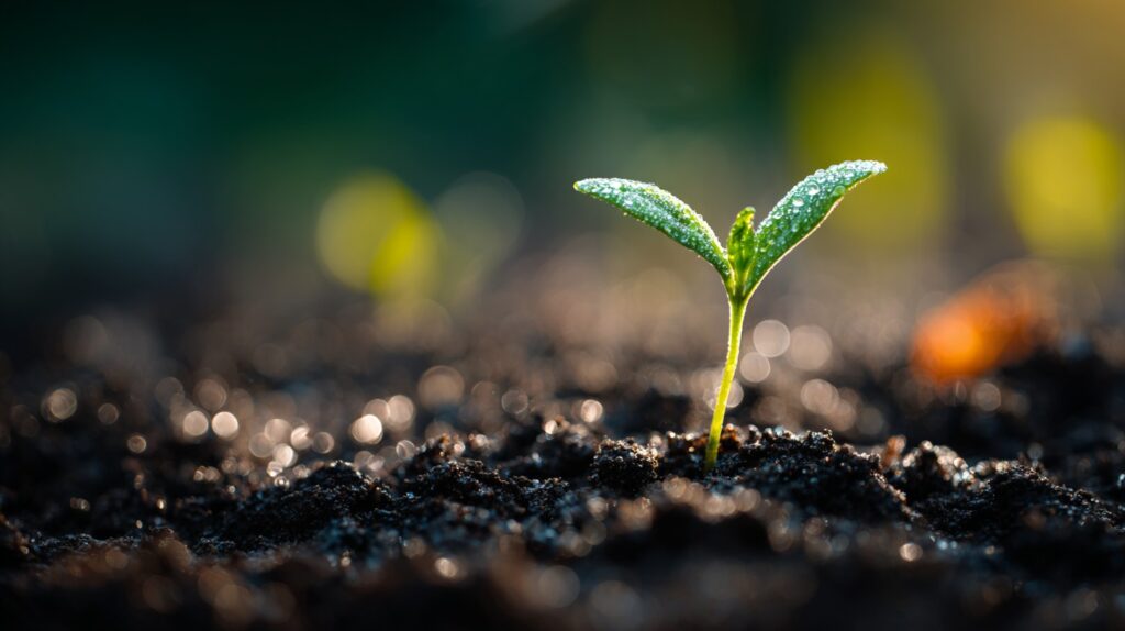 Dew-kissed seedling emerging from dark soil at sunrise, symbolizing courage, growth, and the magic of beginning