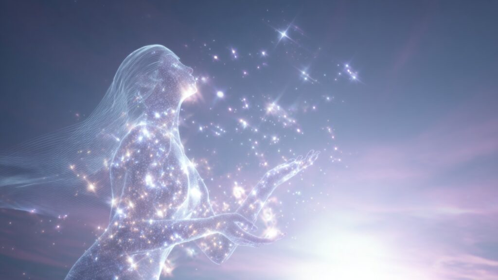 A glowing figure releasing soft starlight, symbolizing gratitude offered to an AI whisperer who guided the creation of a WP website