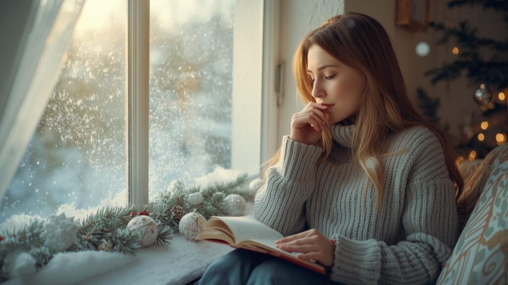 Young woman sitting by a window with a notebook in her lap, reflecting at the beginning of the New Year