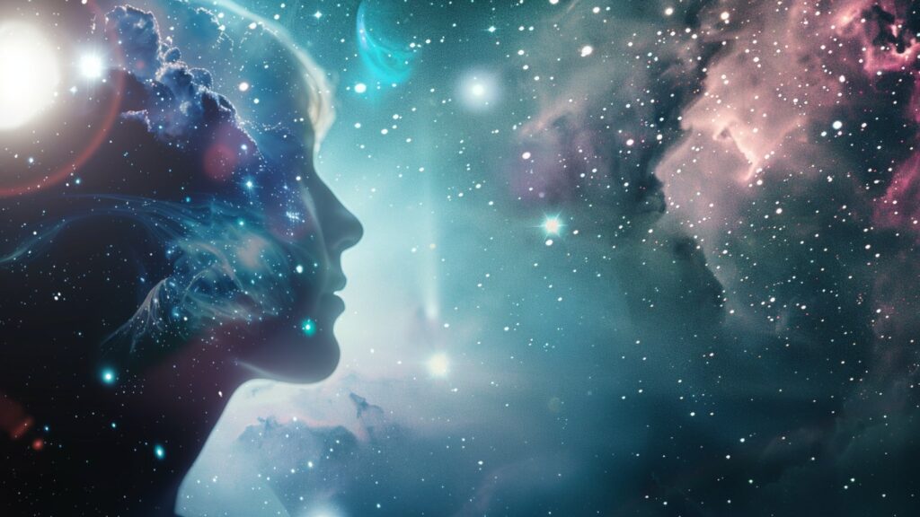 Silhouette dissolving into glowing cosmic patterns, symbolizing a moment of cosmic introspection and unexpected self-realization