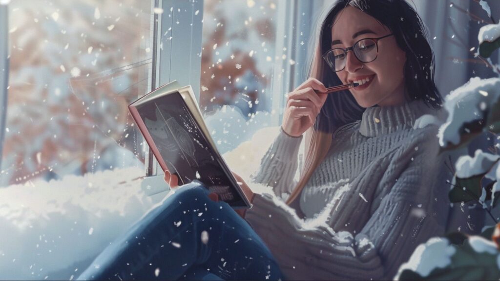 Woman journaling by a winter window, reflecting on New Year’s resolutions with warmth, realism, and quiet self-awareness.