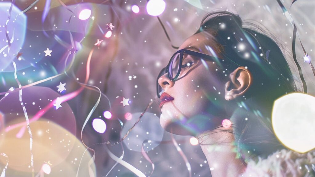 Woman gazing upward amid soft lights, reflecting quietly at the threshold of a New Year