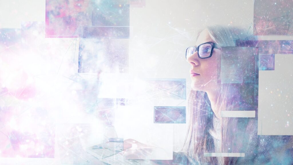 Cosmic, softly glowing woman gazing upward, symbolizing a prayerful moment of hope and patience with the WordPress spirits