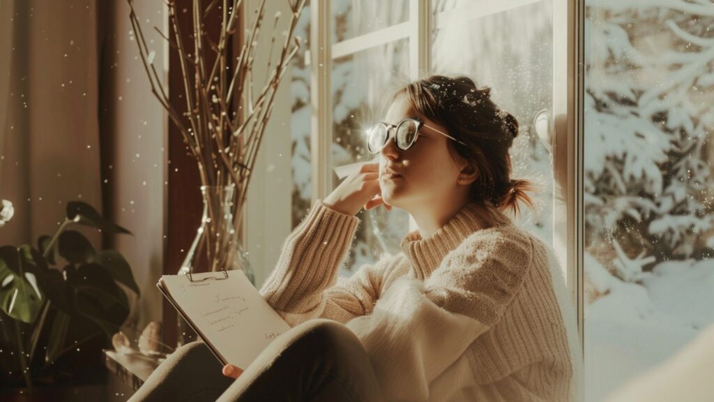 Woman journaling by a winter window, reflecting thoughtfully on New Year goals and why traditional resolutions often fail