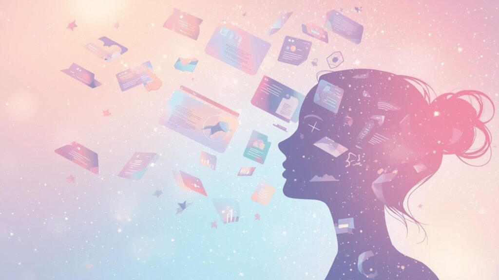 Illustration of website chaos with scattered pages and a focused figure, reflecting both inner and outer creative struggle.