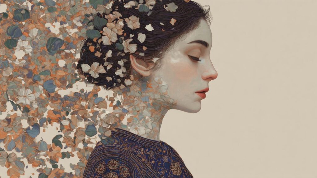 Klimt-inspired portrait symbolizing New Year resolutions as inner reflection, identity shift, and meaningful internal change.
